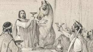 A print of a horse at a table.