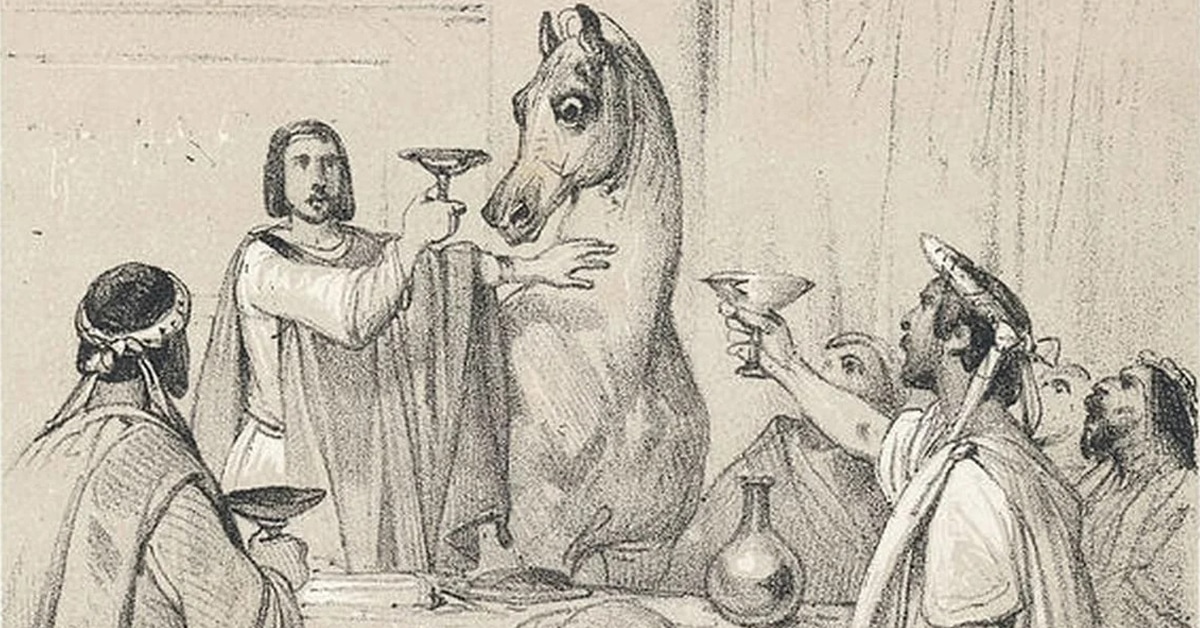 A print of a horse at a table.