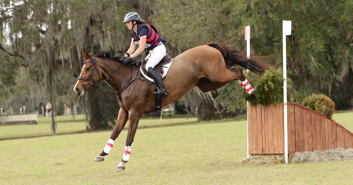 A horse and rider jumping a cross-country fence.