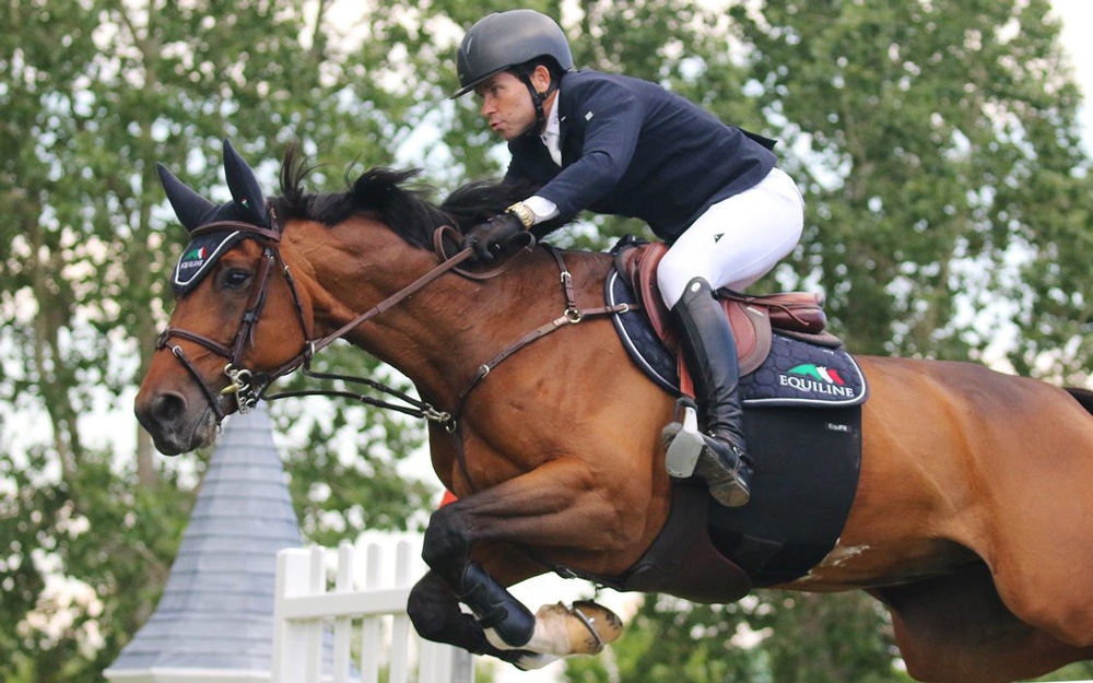 Bay horse and rider jumping a fence at Spruce Meadows.