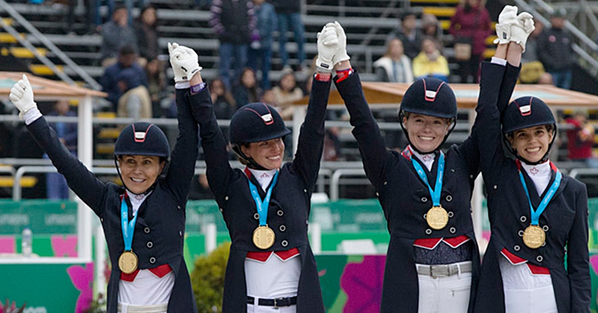 Four Canadian dressage riders on the Pan Am podium.