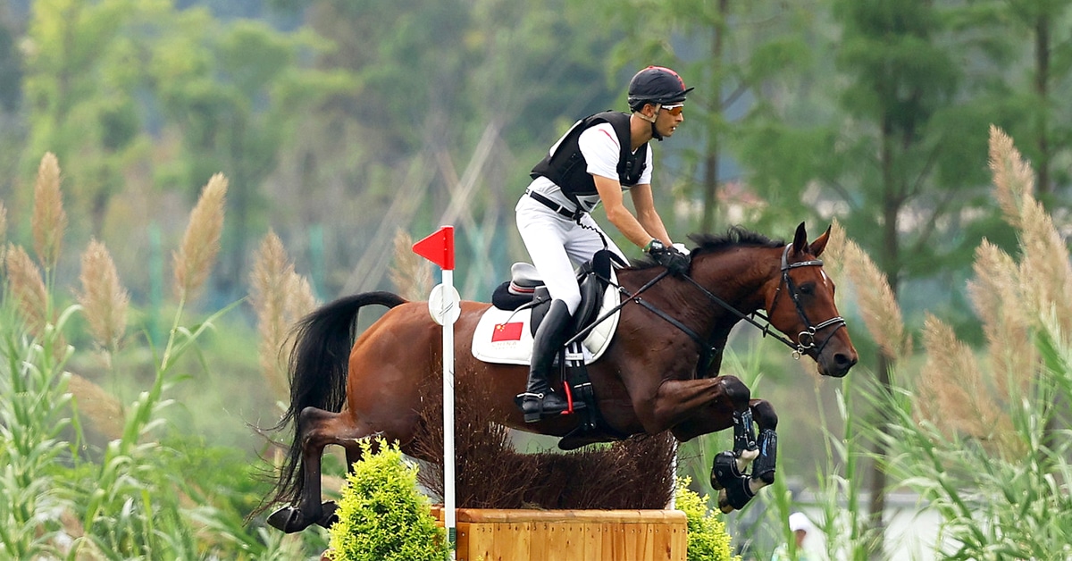 A horses and rider jumping a cross-country fence.