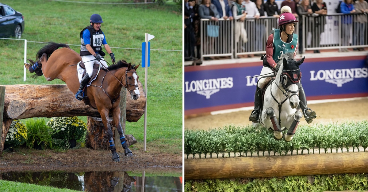Phillip Dutton and Holly Jacks jumping cross-country fences.