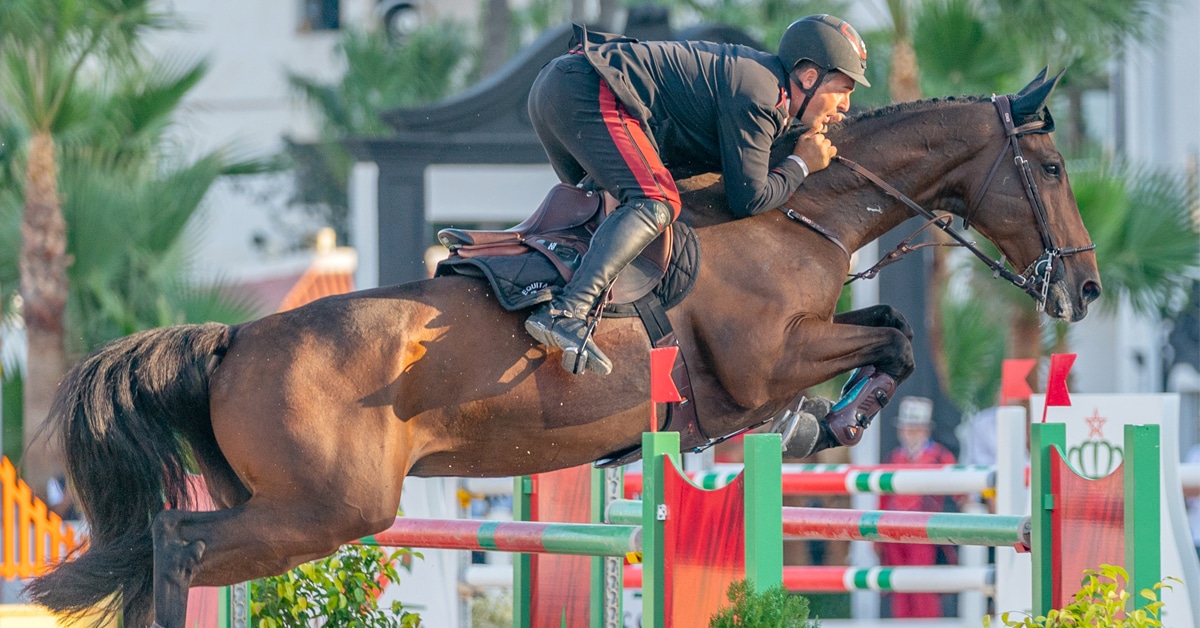 A horse and rider jumping a fence in Morocco.