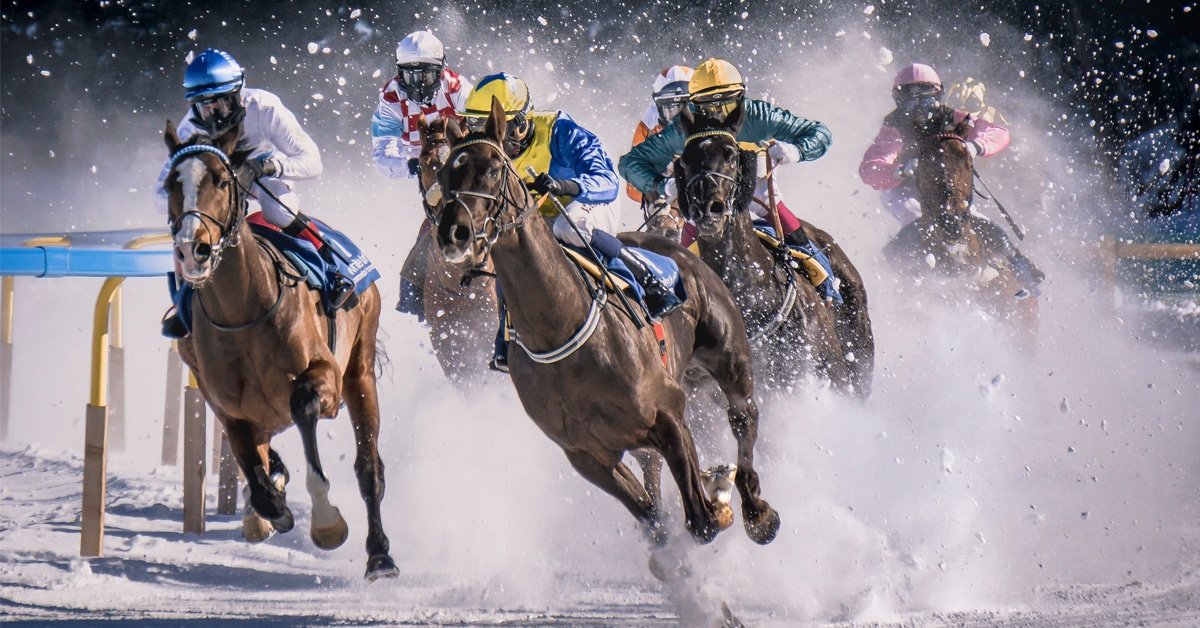 Horses racing in snow.