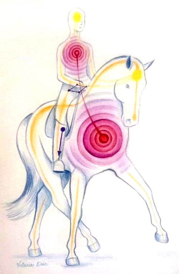 An illustration of a rider on a horse with heart waves.