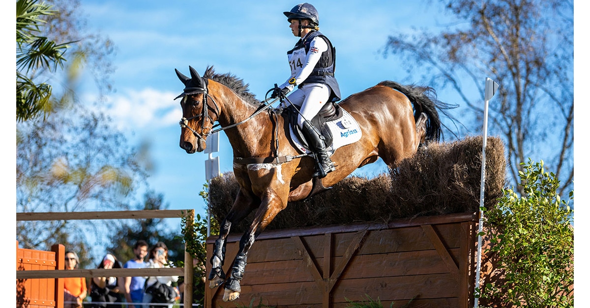 Rosalind Canter and Izilot DHI jumping a cross-country fence.