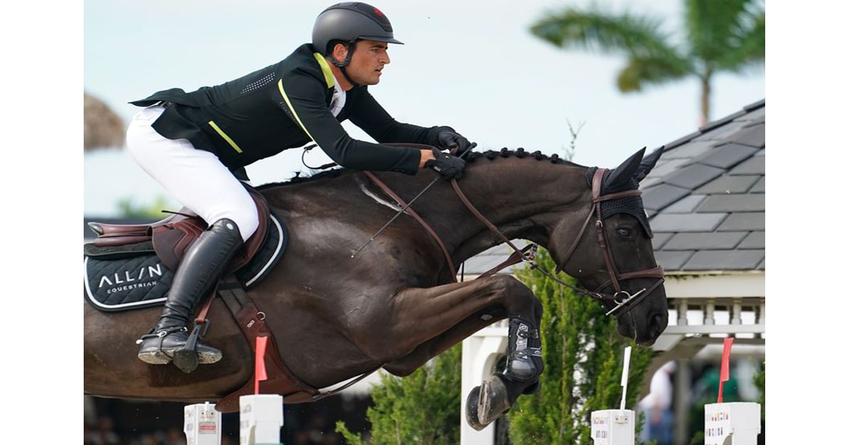 Horse and rider jumping a fence at WEF.
