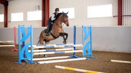 A horse and rider jumping through a grid.