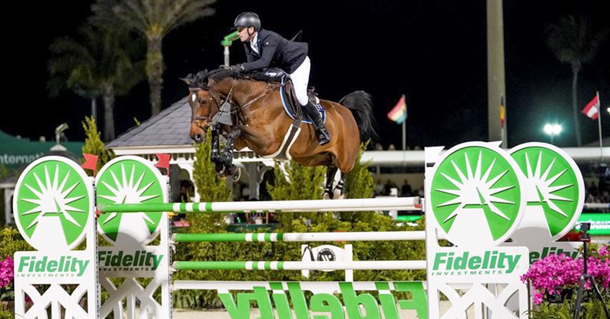 A horse and rider jumping a fence at night at WEF.