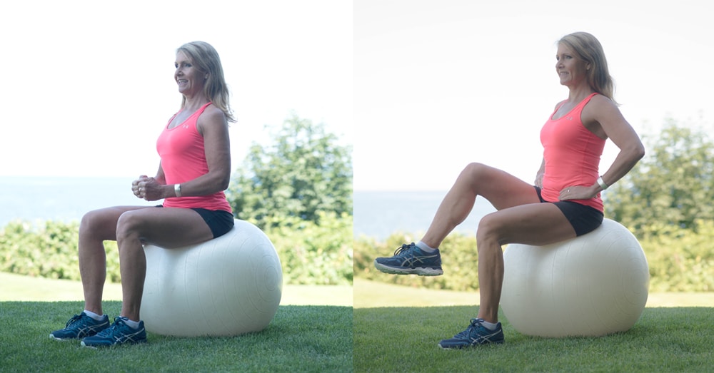A woman sitting on a stability ball.