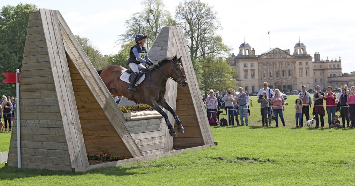 A horse and rider jumping a cross-country fence at Badminton.