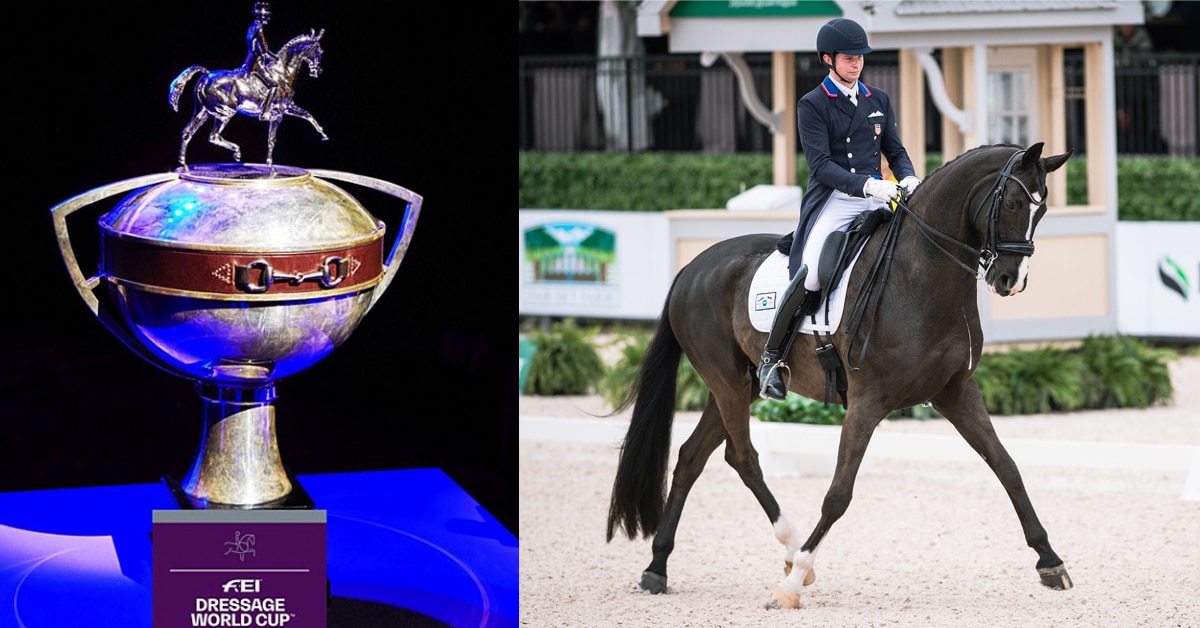 The Dressage World Cup Trophy; a dressage horse and rider performing.