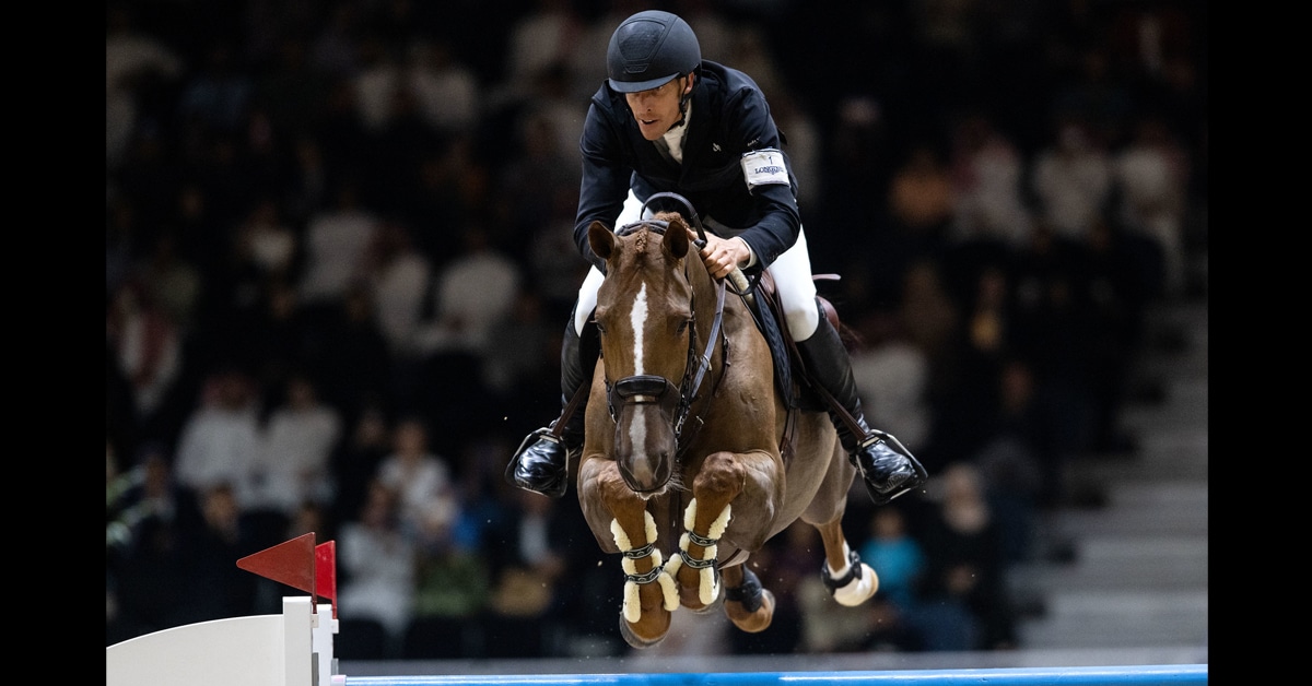 A horse and rider jumping at the World Cup Final.