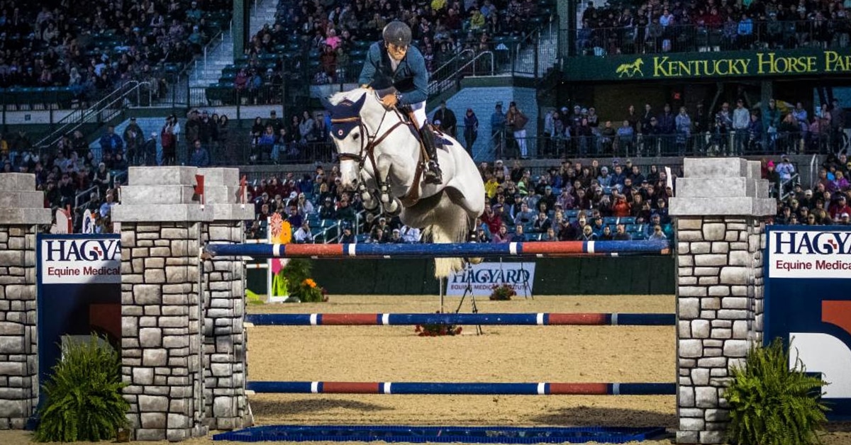 A rider on a grey horse jumping a fence at the Kentucky Horse Park.