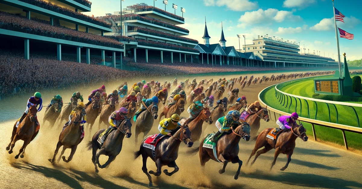 AI image of a thousand horses running in the Kentucky Derby.