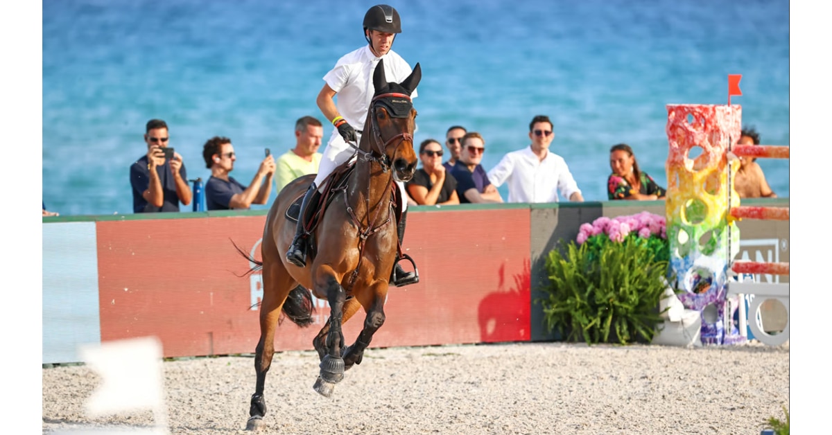 A horse and rider galloping on Miami Beach.