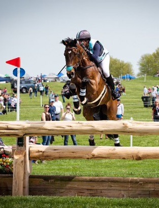 A bay horse and rider jumping a fence at Kentucky.