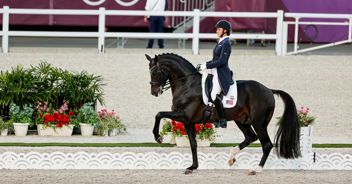 A horse and rider performing dressage at the Tokyo Olympics.
