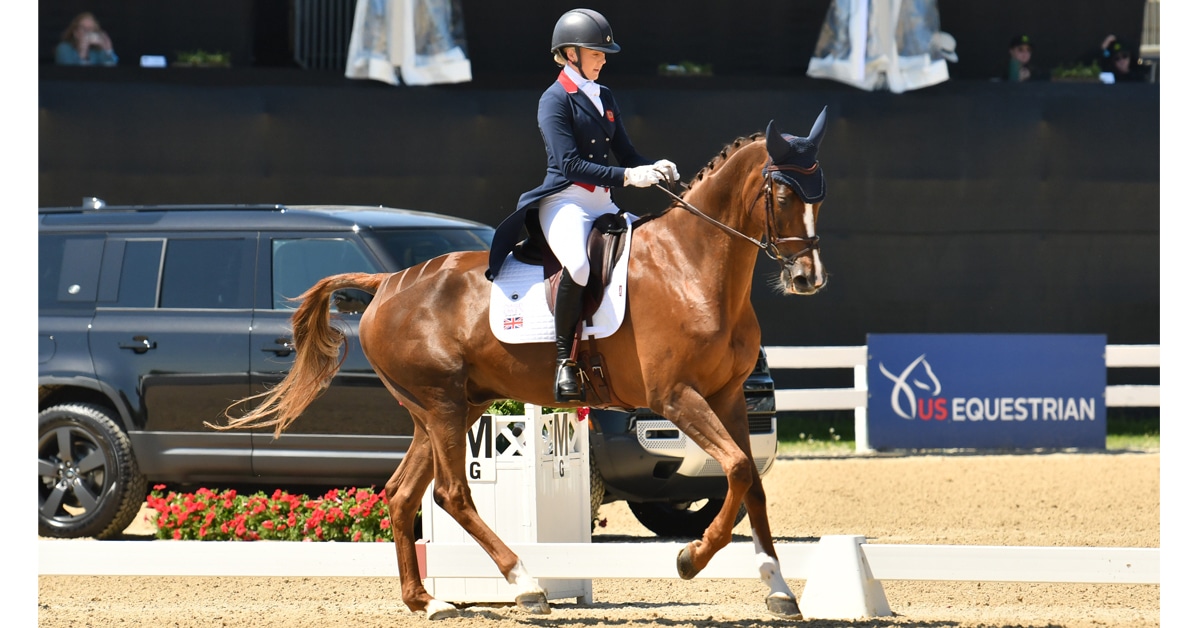 A chestnut horse and rider performing in a dressage arena in Kentucky.