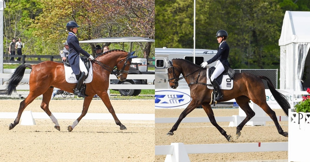 Two women riding horses in the dressage phase.