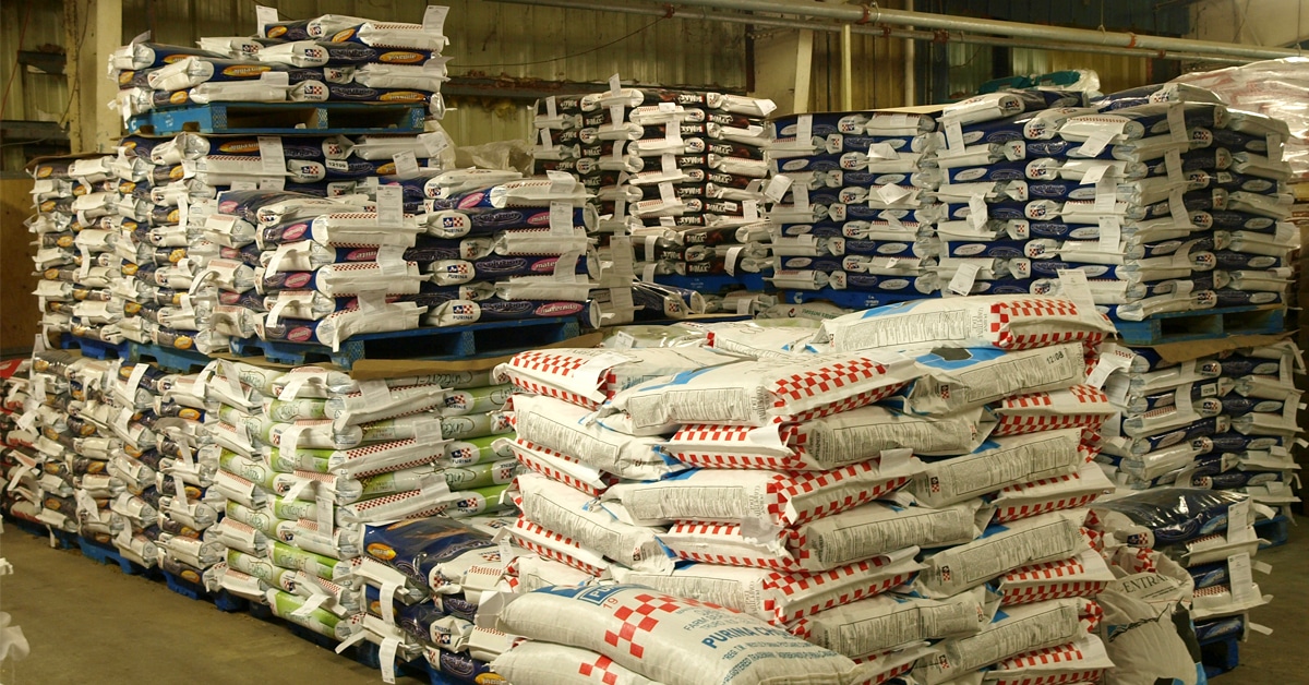 Feed bags stacked up.