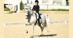 A woman riding a grey horse in a dressage arena.