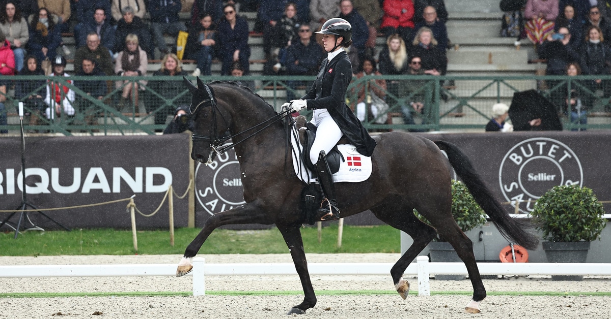 A woman riding a dressage horse in a competition in France.