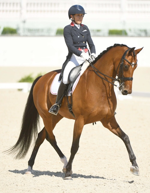 A woman riding a bay horse in a dressage arena.