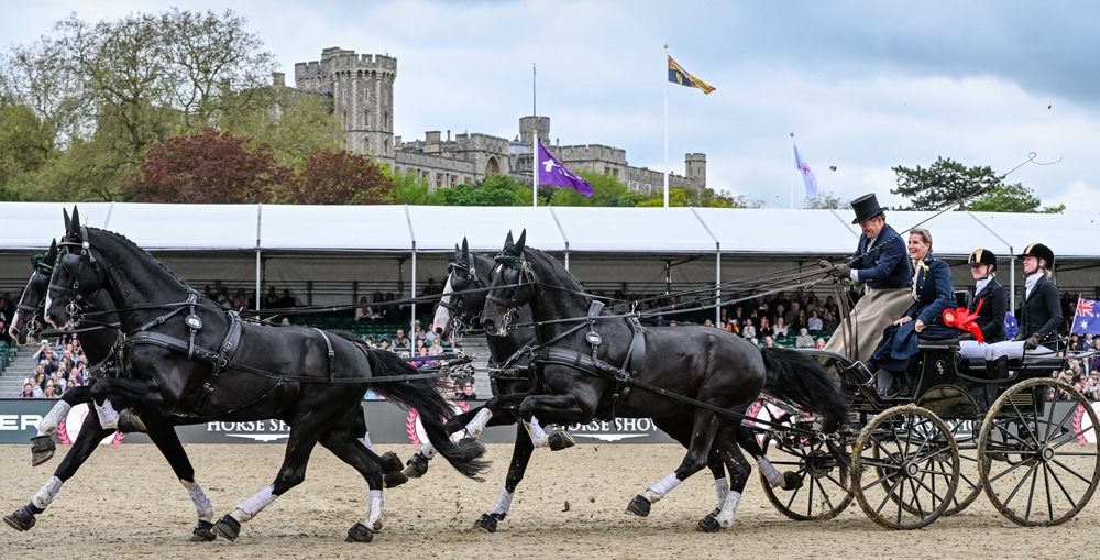 A carriage being drawn by four black horses at Windsor.