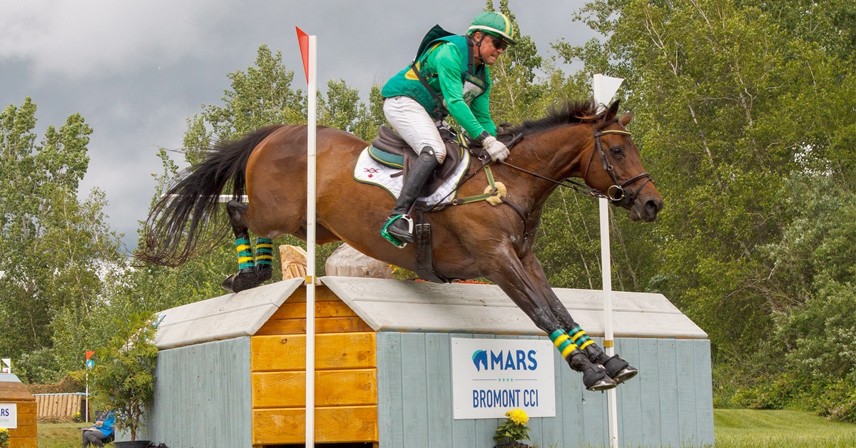 A horse and rider jumping a cross-country fence at Bromont.