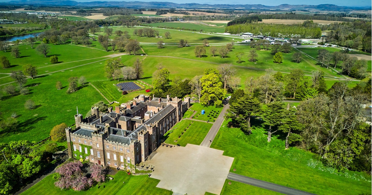 An aerial view of a castle in Scotland.